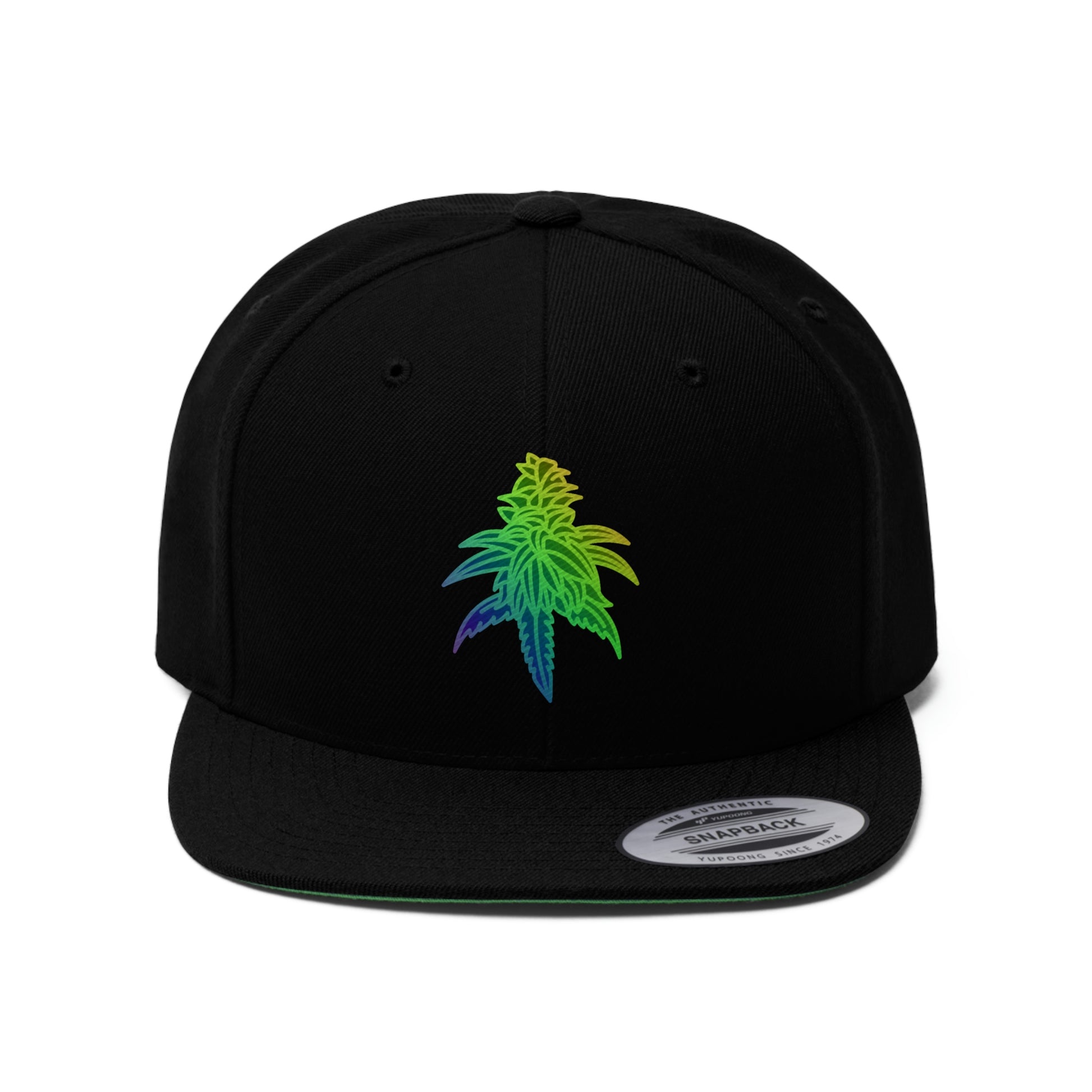 A close up photo of the Rainbow Sherbet Marijuana Snapback Hat in all black
