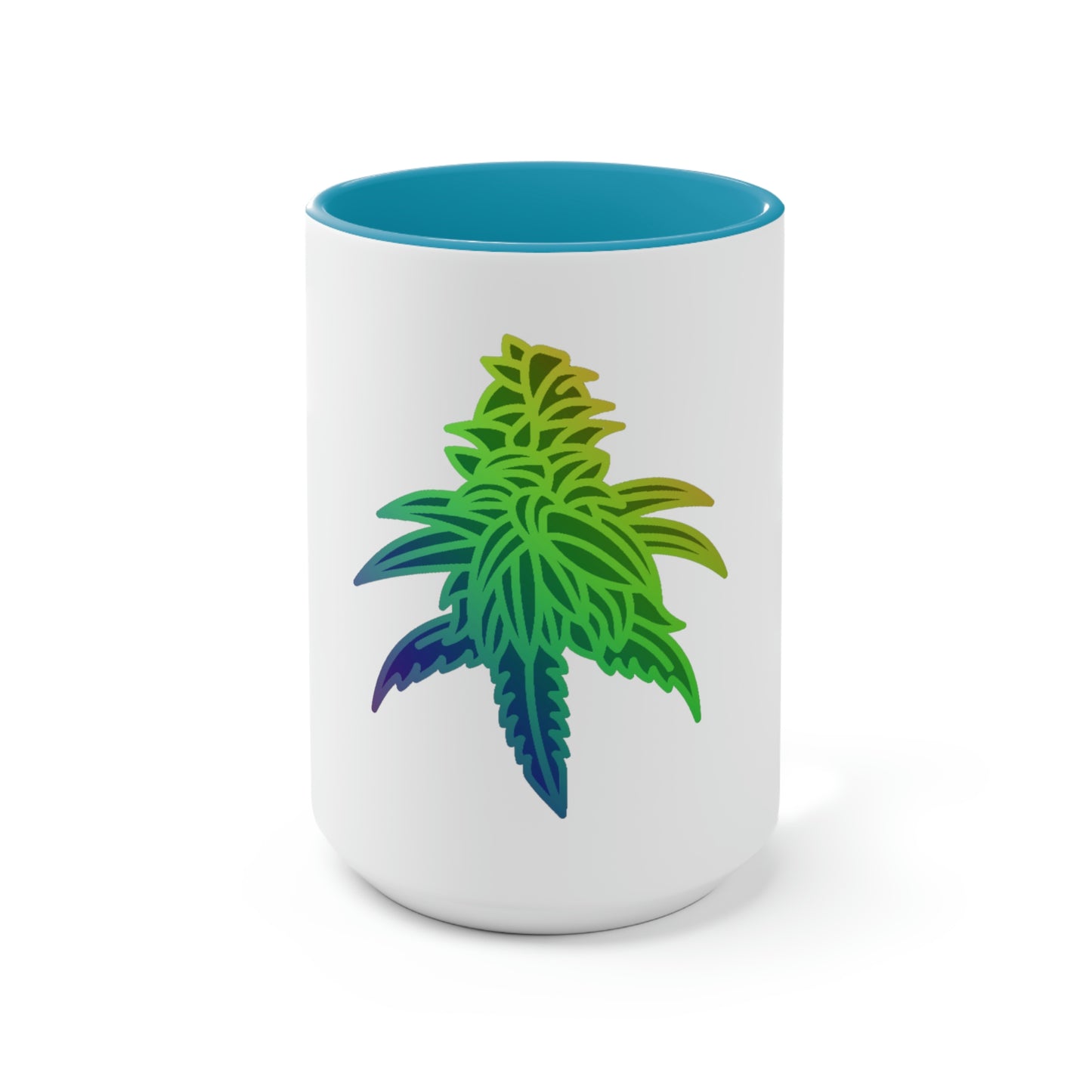 a white and blue Rainbow Sherbet Marijuana coffee Mug with a marijuana leaf on it