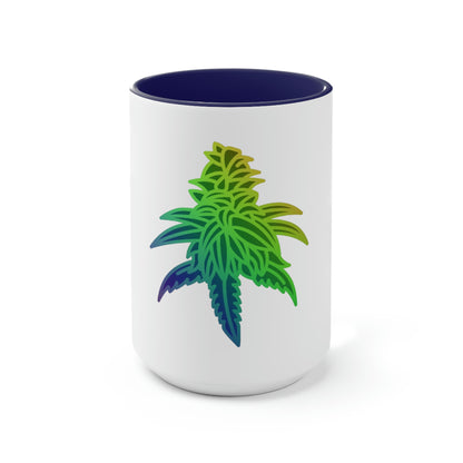 a white and navy blue Rainbow Sherbet Marijuana Tea Mug with a marijuana leaf on it.