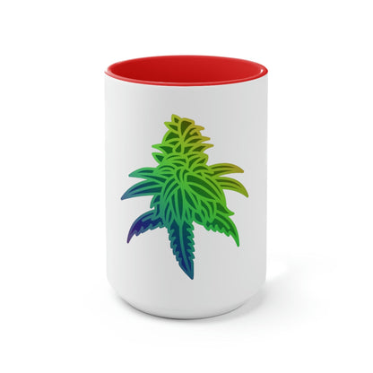 a red and white Rainbow Sherbet Marijuana coffee Mug with a marijuana leaf on it.