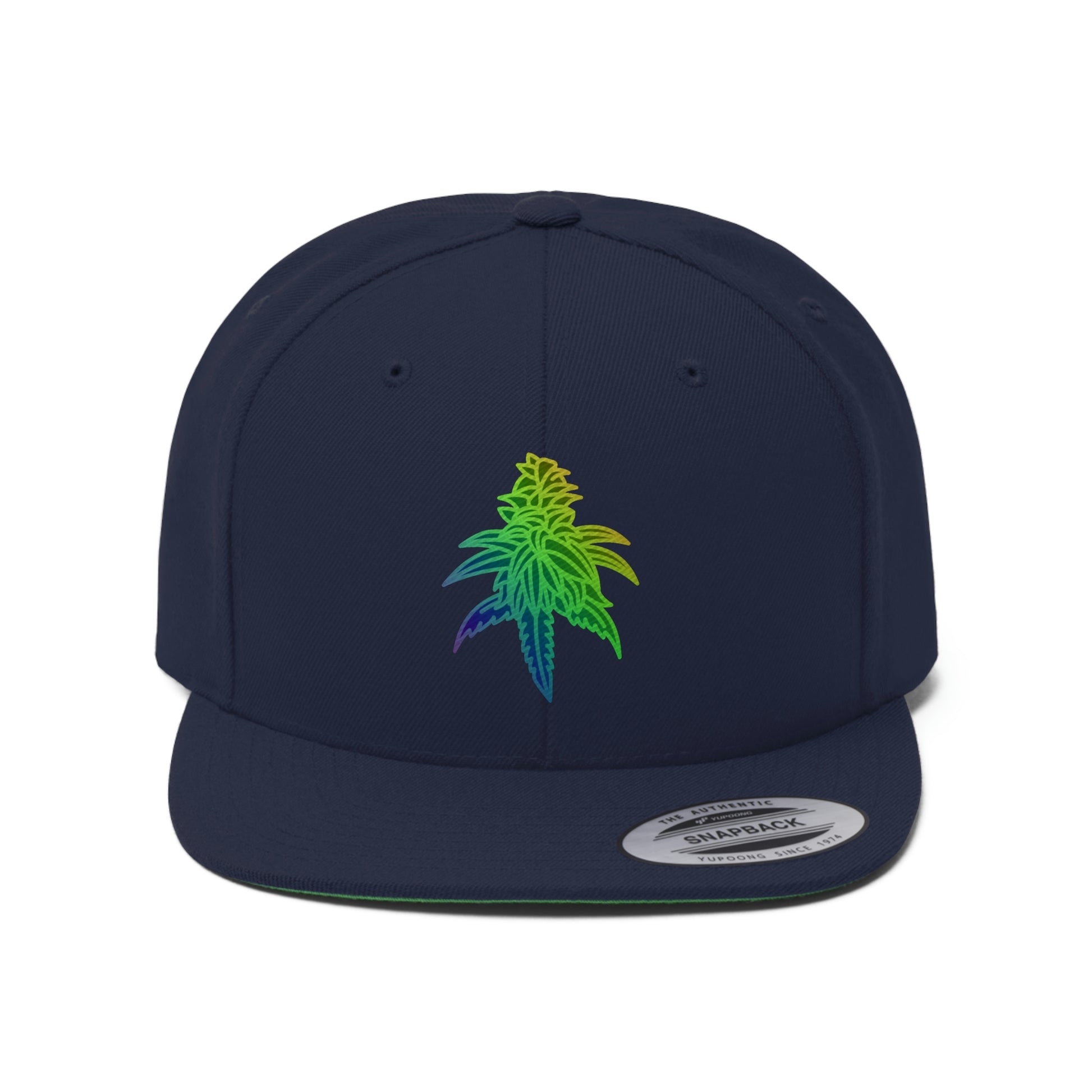 A close up picture of the Rainbow Sherbet Marijuana Snapback Hat in navy blue