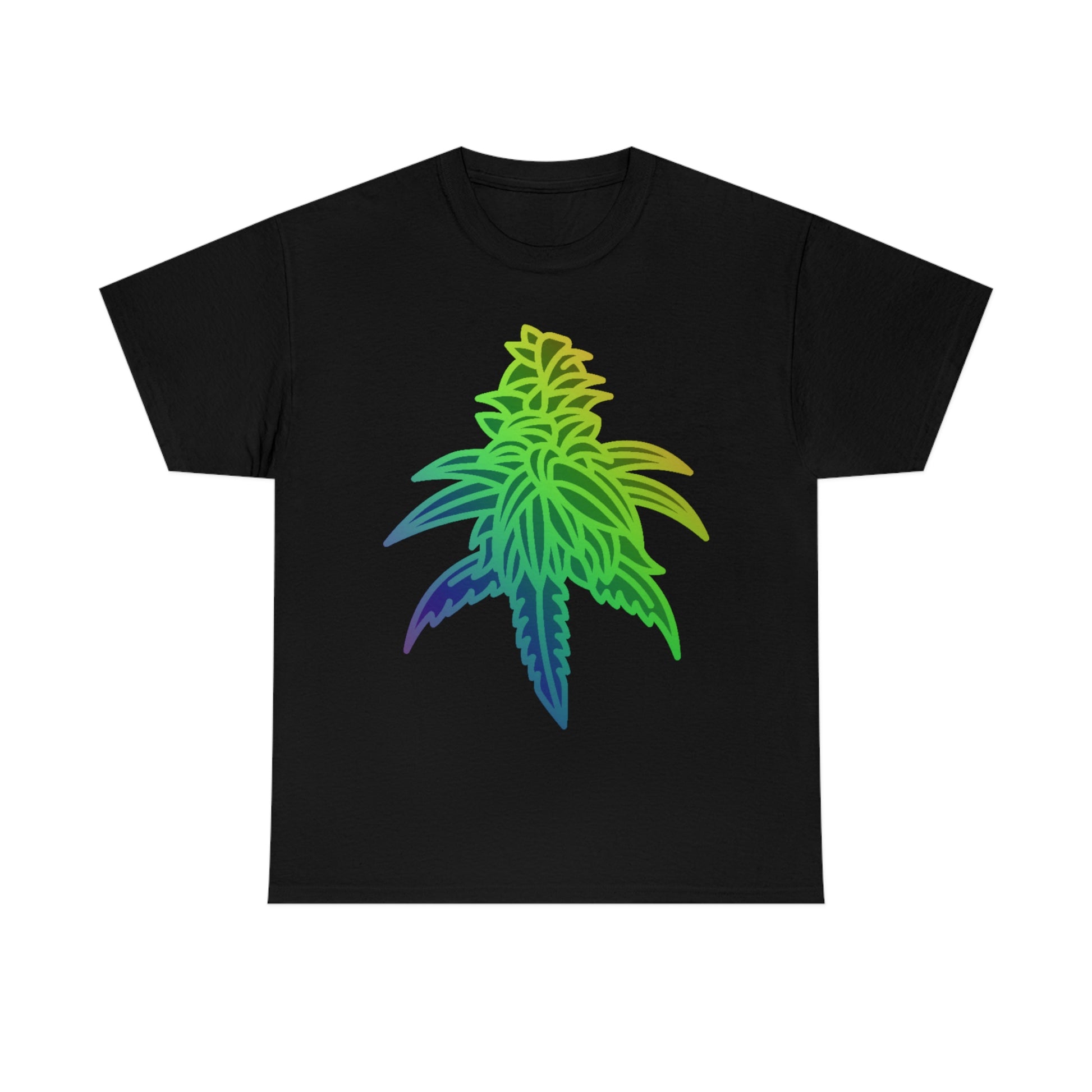 A Rainbow Sherbet Cannabis Tee with a rainbow marijuana leaf on it.