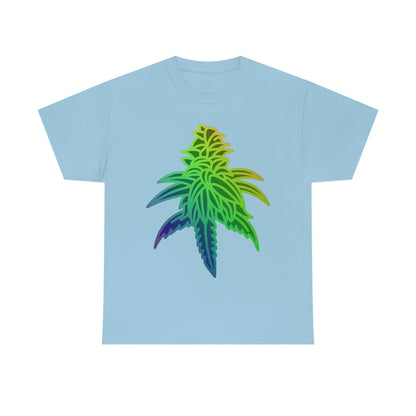 A Rainbow Sherbet Cannabis Tee with a rainbow leaf on it.