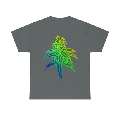 a gray Rainbow Sherbet Cannabis Tee with a rainbow leaf on it.