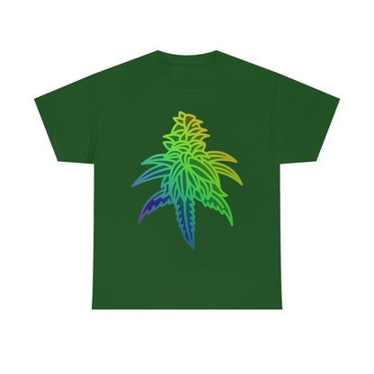 A Rainbow Sherbet Cannabis Tee with a rainbow marijuana leaf on it.