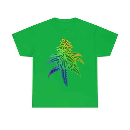 a Rainbow Sherbet Cannabis Tee with a rainbow leaf on it.