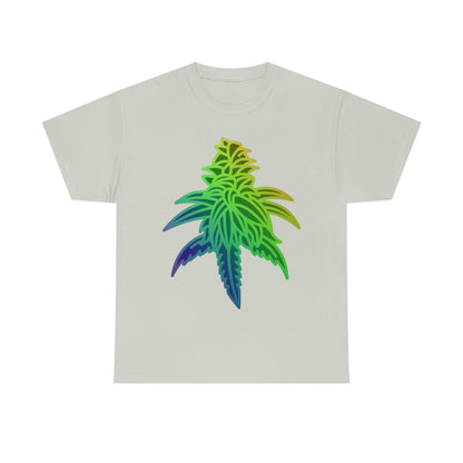 a Rainbow Sherbet Cannabis Tee with a rainbow leaf on it.