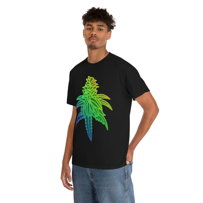 a man wearing a Rainbow Sherbet Cannabis Tee with a marijuana leaf on it.