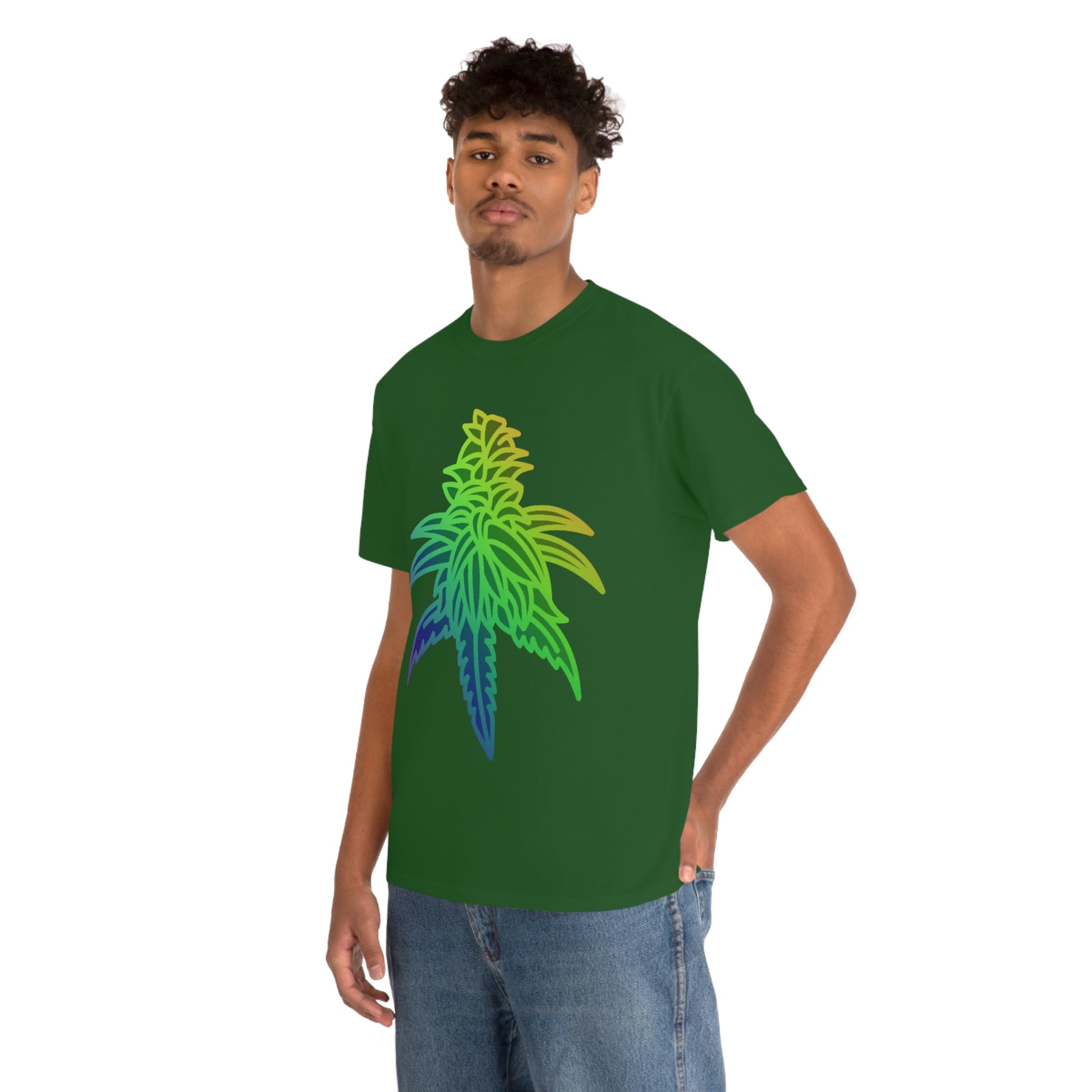 a man wearing a Rainbow Sherbet Cannabis Tee with a marijuana leaf on it.