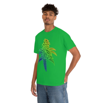 a man wearing a Rainbow Sherbet Cannabis Tee with a marijuana leaf on it.