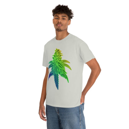 a man wearing a Rainbow Sherbet Cannabis Tee with a marijuana leaf on it.