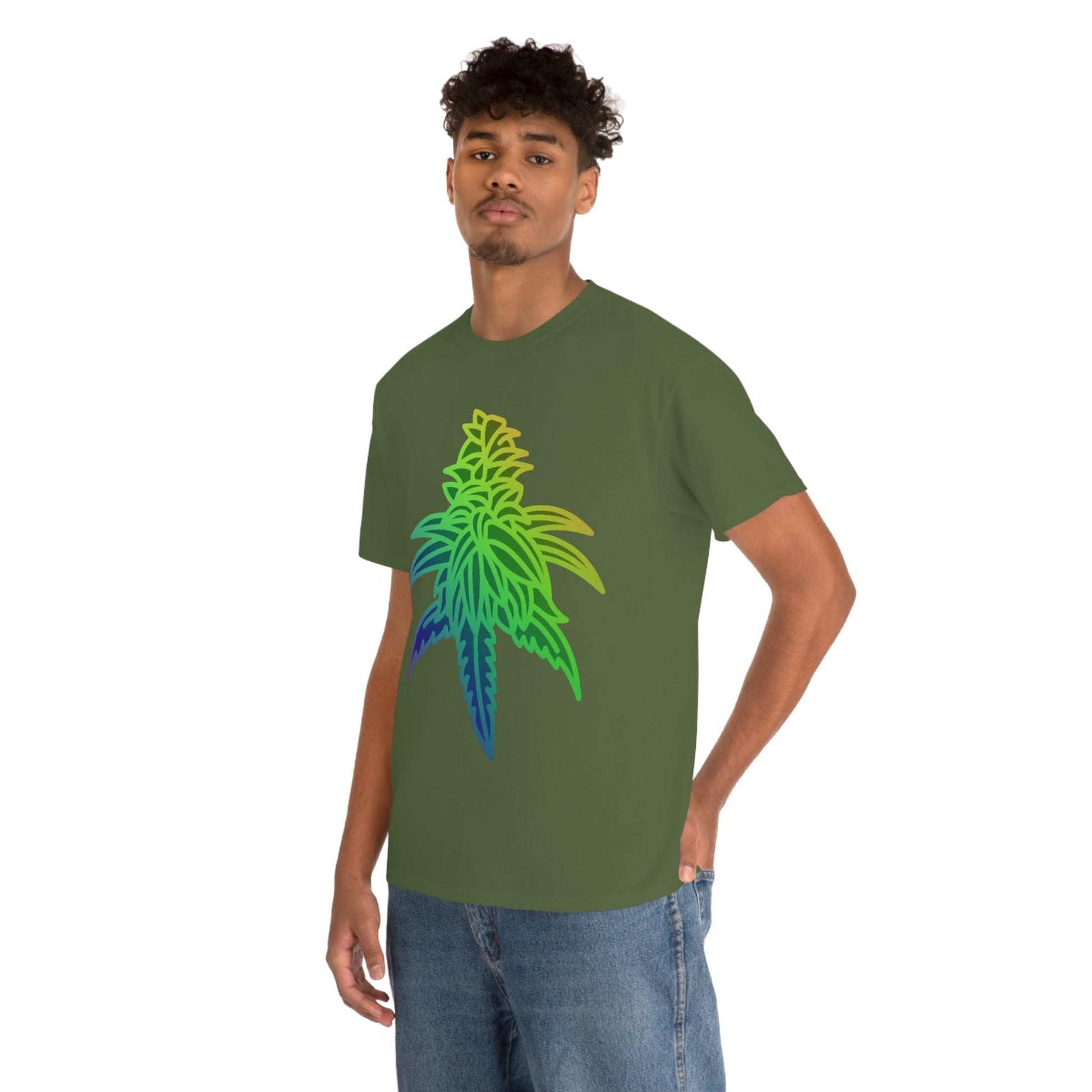 a man wearing a Rainbow Sherbet Cannabis Tee.