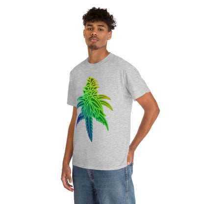 a man wearing a gray Rainbow Sherbet Cannabis Tee with a colorful marijuana leaf on it.