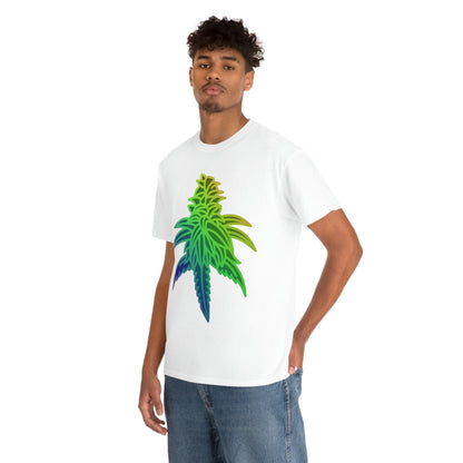 a man wearing a Rainbow Sherbet Cannabis Tee with a marijuana leaf on it.