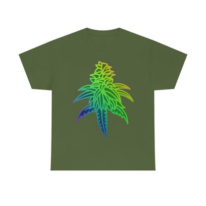 A Rainbow Sherbet Cannabis Tee with a rainbow leaf on it.