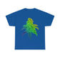 a Rainbow Sherbet Cannabis leaf on a blue t - shirt.