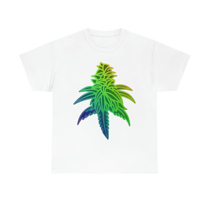 A Rainbow Sherbet Cannabis Tee with a rainbow leaf on it.