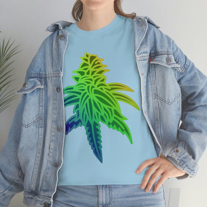 a woman wearing a Rainbow Sherbet Cannabis Tee with a colorful marijuana leaf on it.