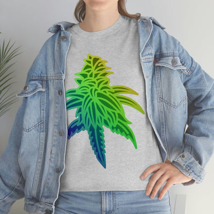 a woman wearing a Rainbow Sherbet Cannabis Tee with a colorful marijuana leaf on it.