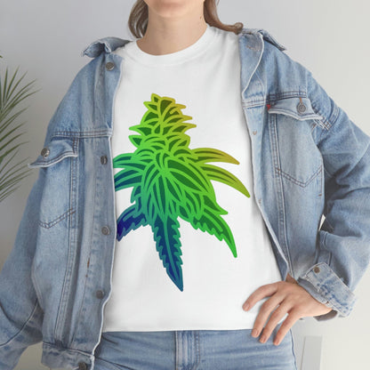 a woman wearing a Rainbow Sherbet Cannabis Tee and jeans.