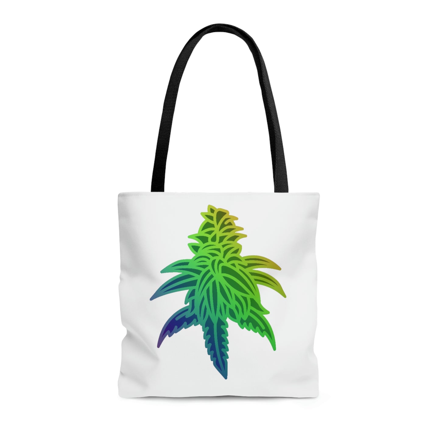 A durable white Rainbow Sherbet Marijuana Tote Bag that has a huge rainbow nug on front