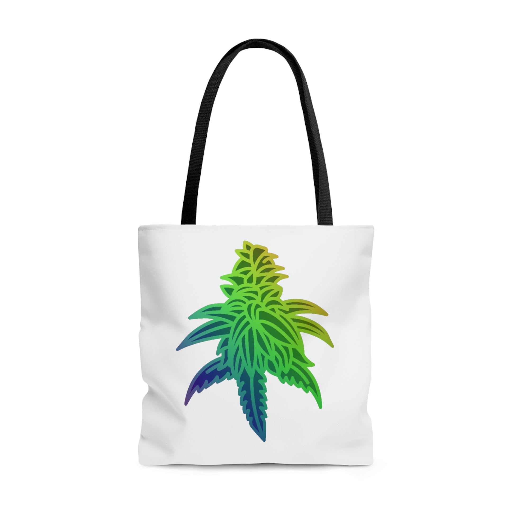 This white tote bag has black straps and a large rainbow nug on front to create the exotic Rainbow Sherbet Marijuana Tote Bag