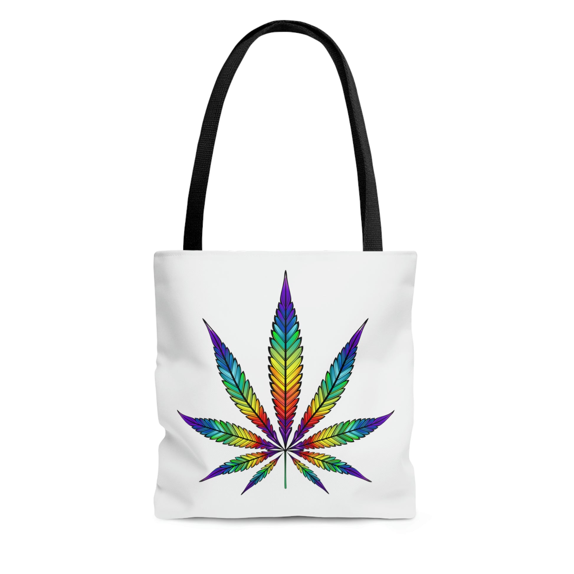 A white Colorful Rainbow Marijuana Tote Bag with a rainbow cannabis leaf graphic