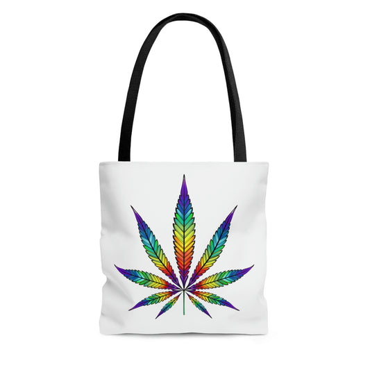 A white Colorful Rainbow Marijuana Tote Bag with a rainbow cannabis leaf graphic
