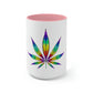 a pink and white rainbow weed leaf cannabis coffee mug