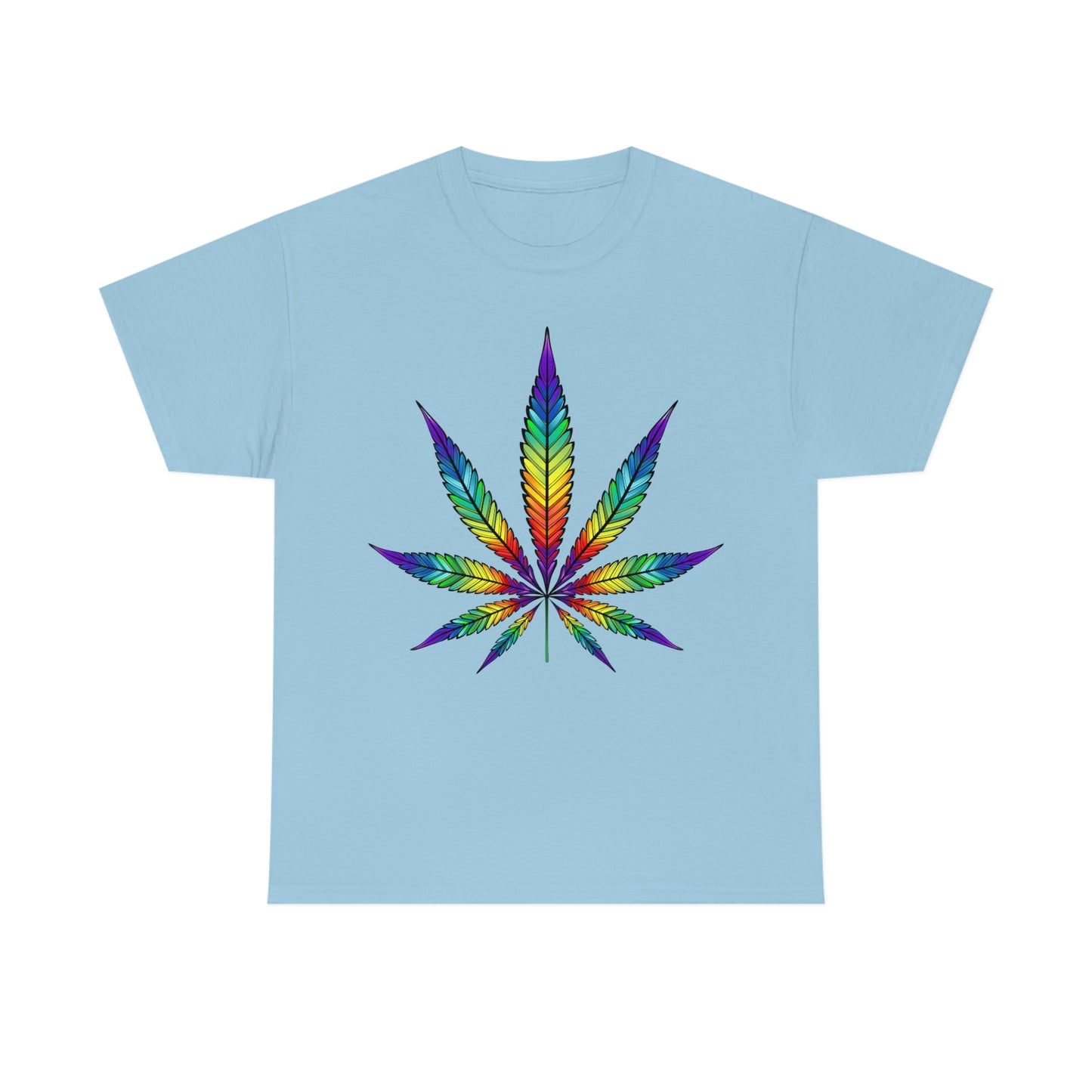 a Rainbow Cannabis Leaf Tee on a light blue t - shirt.