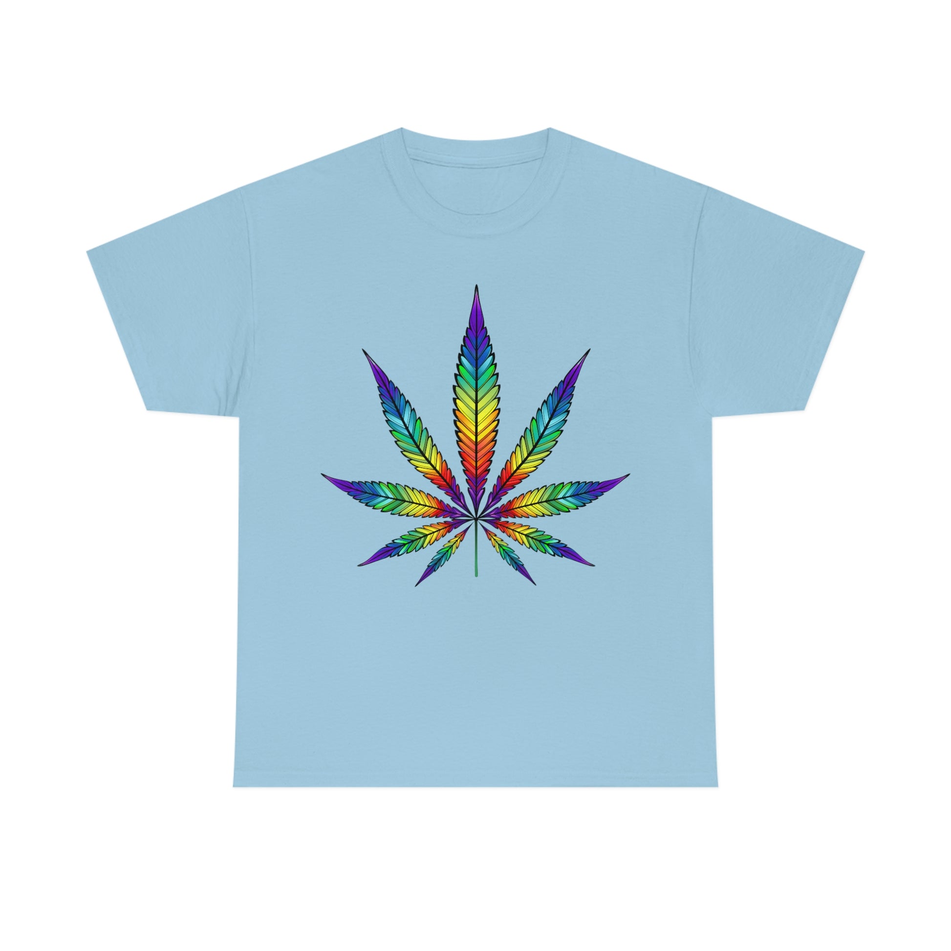 a Rainbow Cannabis Leaf Tee on a light blue t - shirt.