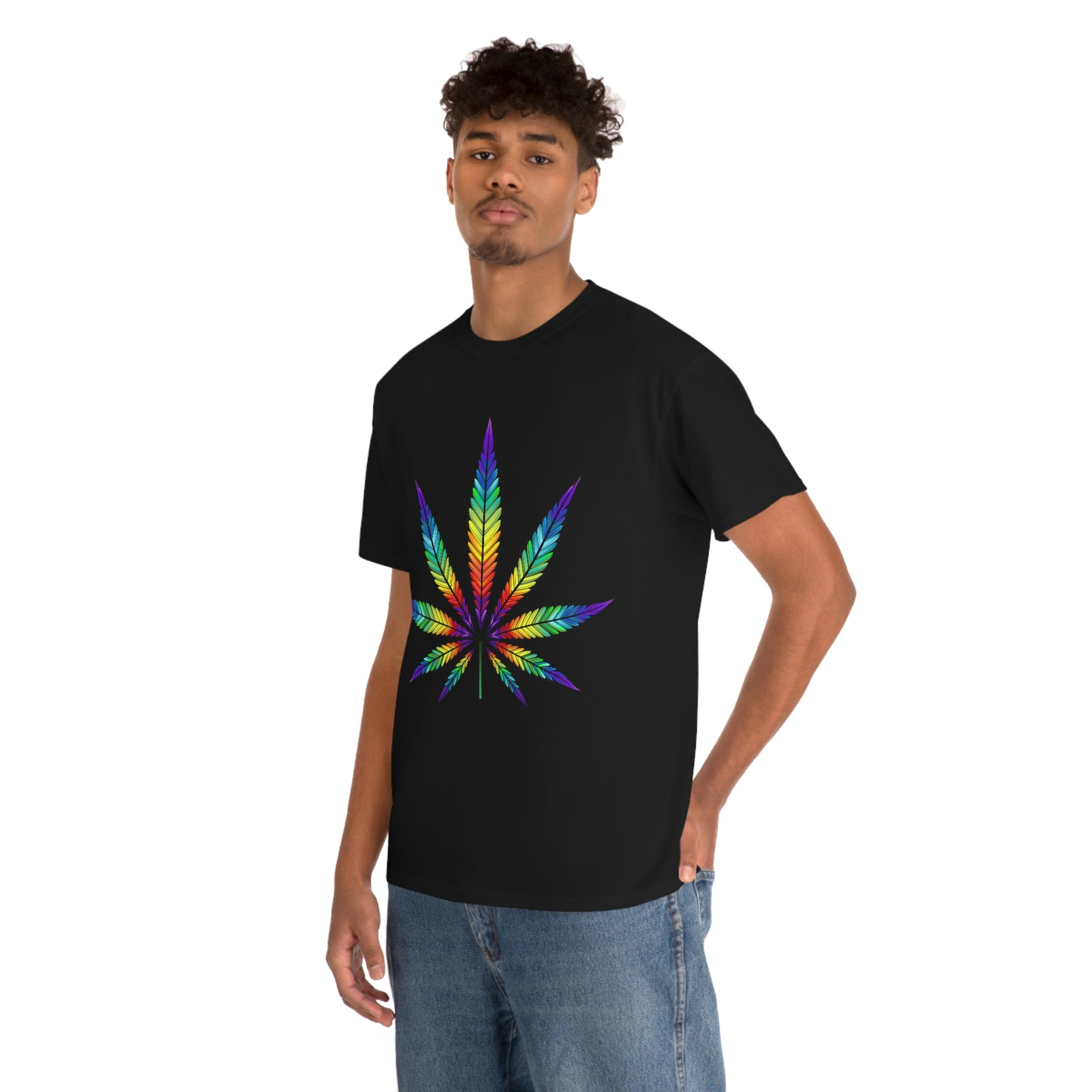 a man wearing a black Rainbow Cannabis Leaf Tee.
