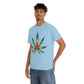 a man wearing a light blue Rainbow Cannabis Leaf Tee.