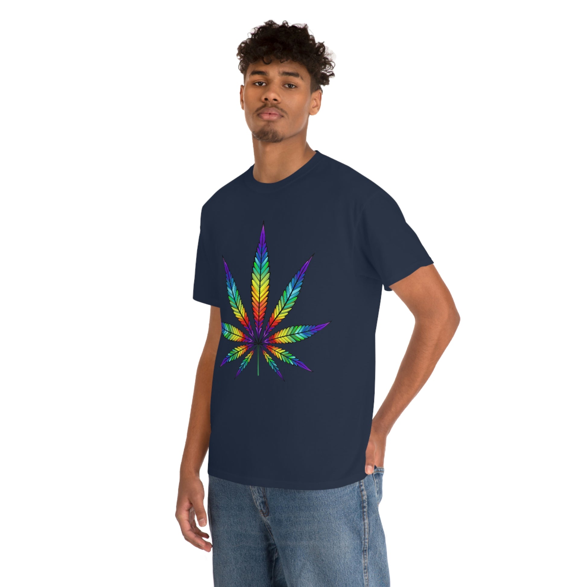 a man wearing a Rainbow Cannabis Leaf Tee t - shirt.