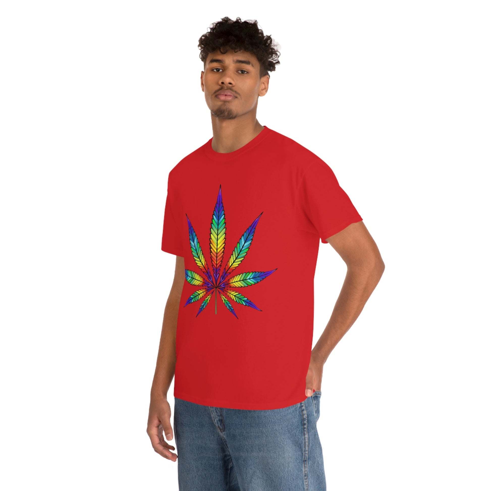 a man wearing a red Rainbow Cannabis Leaf Tee.