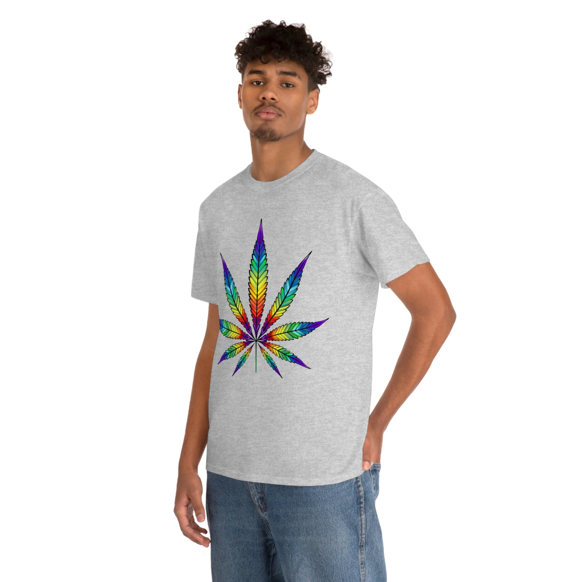 a man wearing a gray Rainbow Cannabis Leaf Tee.
