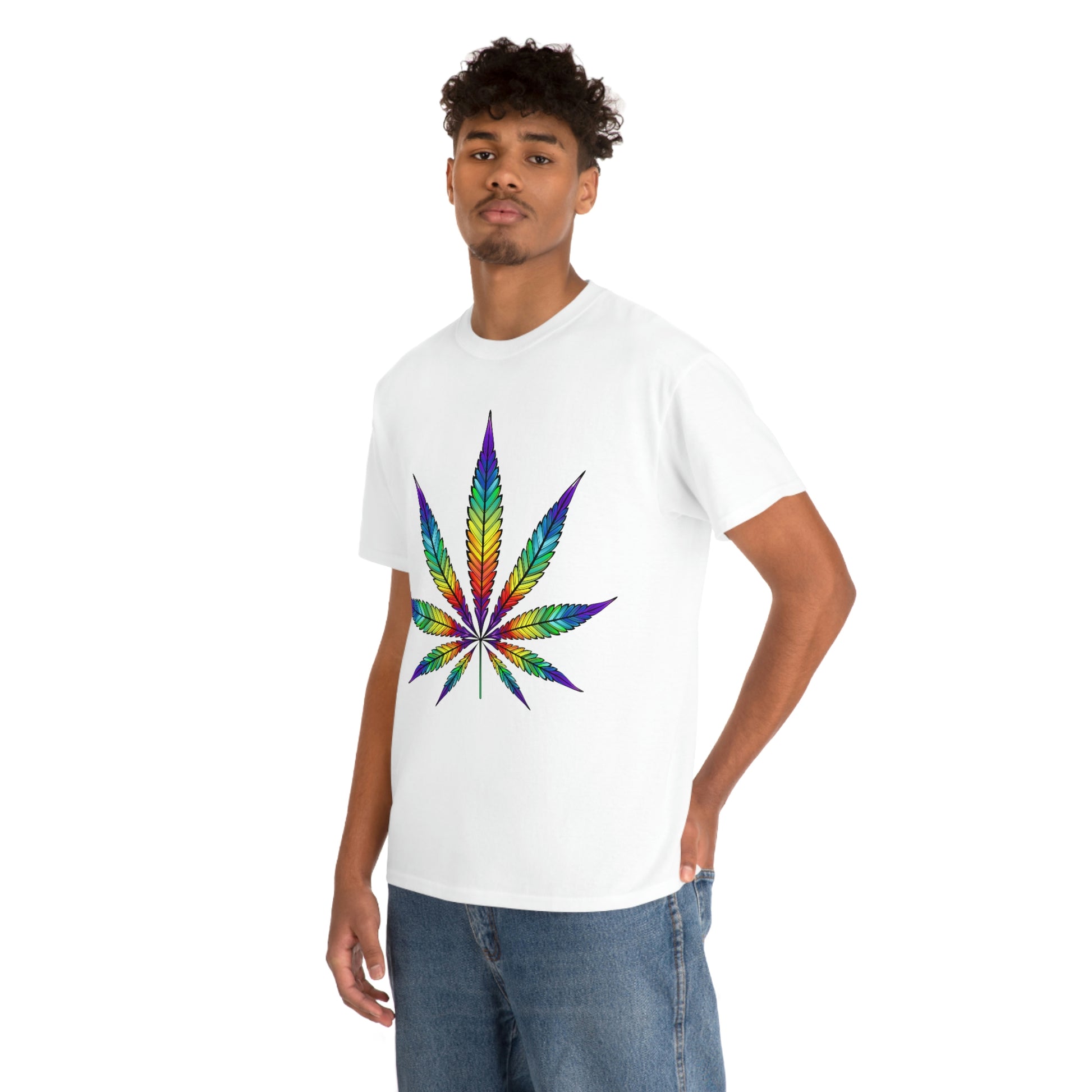 a man wearing a Rainbow Cannabis Leaf Tee.