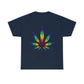 a Rainbow Cannabis Leaf Tee on a navy t - shirt.