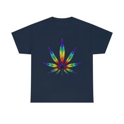 a Rainbow Cannabis Leaf Tee on a navy t - shirt.