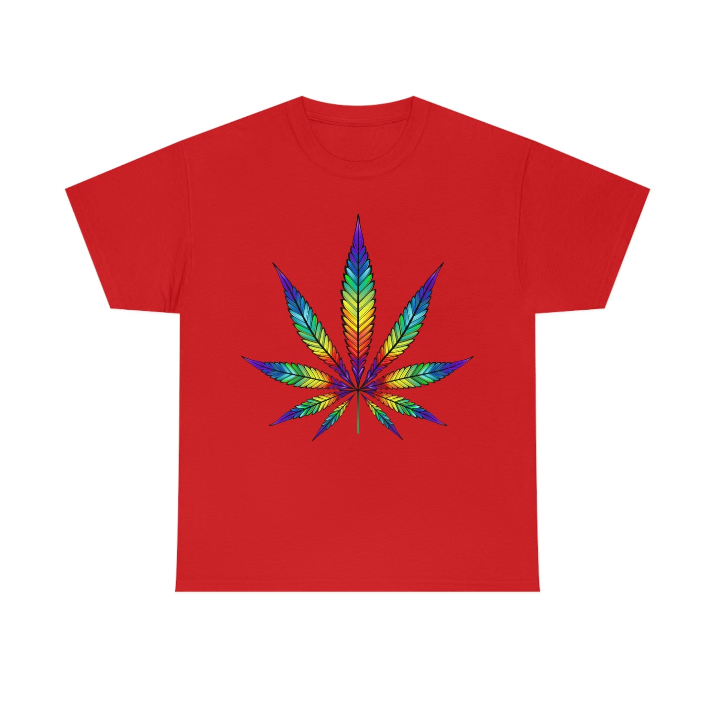 a red Rainbow Cannabis Leaf Tee.