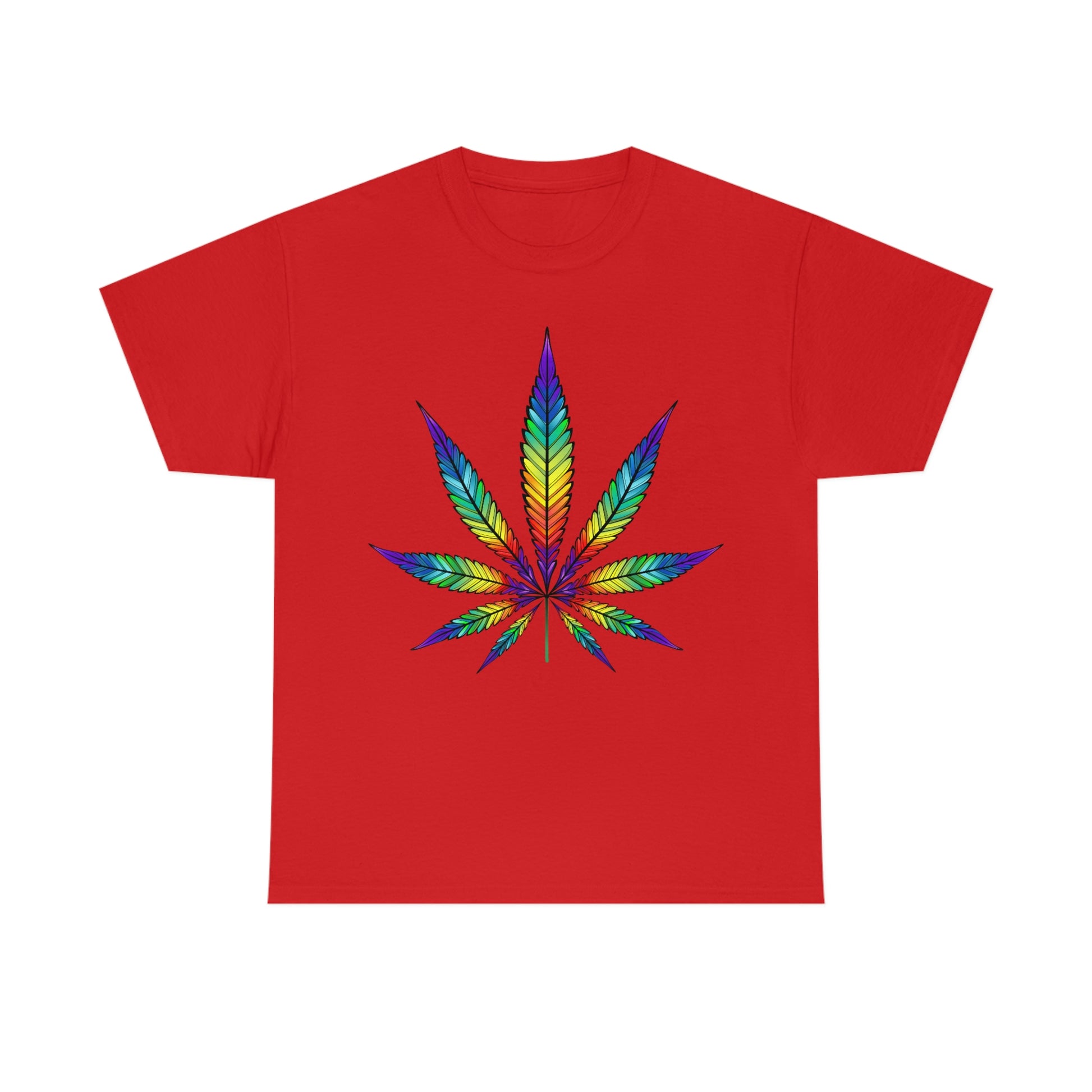 a red Rainbow Cannabis Leaf Tee.