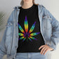 a woman wearing a Rainbow Cannabis Leaf Tee.