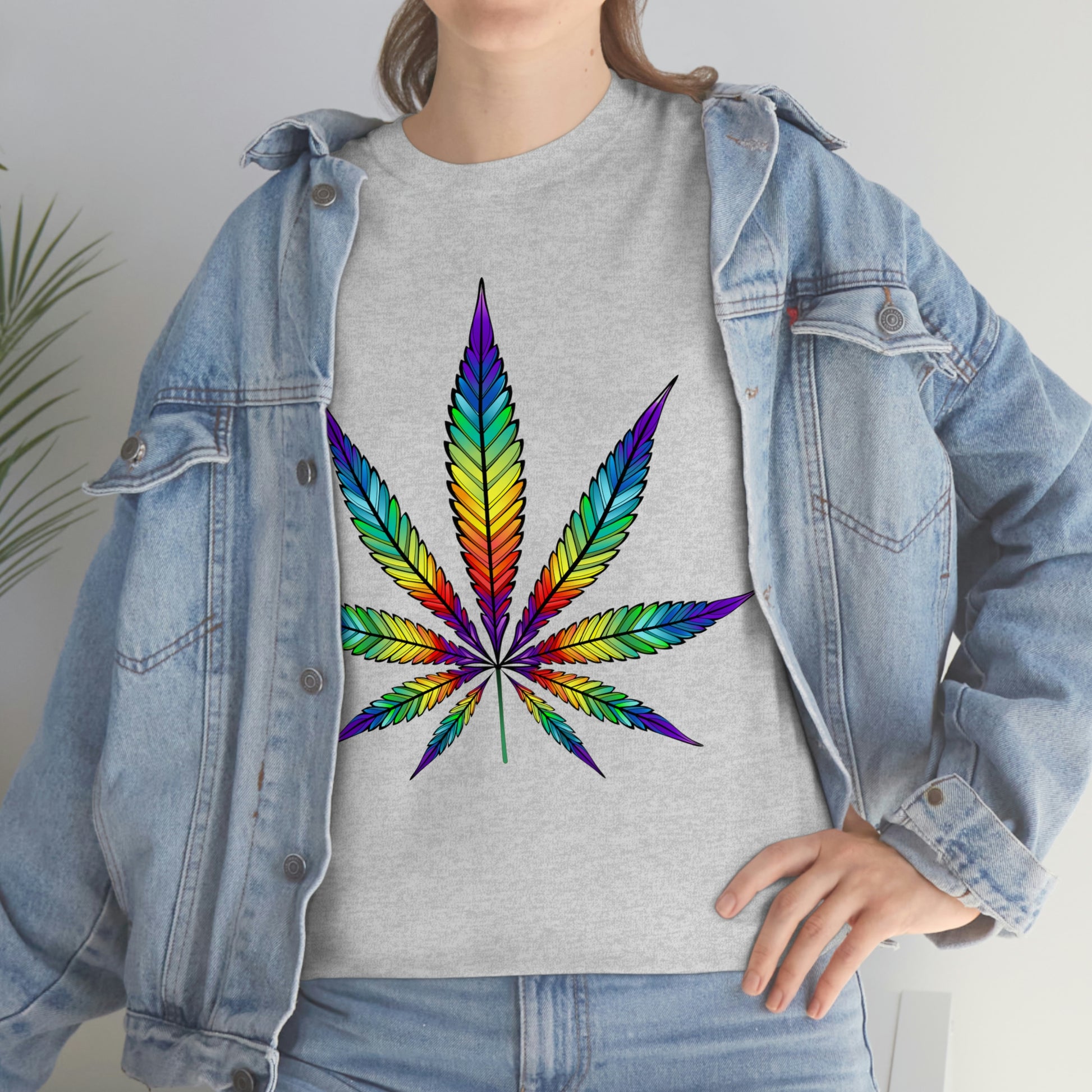 a woman wearing a Rainbow Cannabis Leaf Tee.