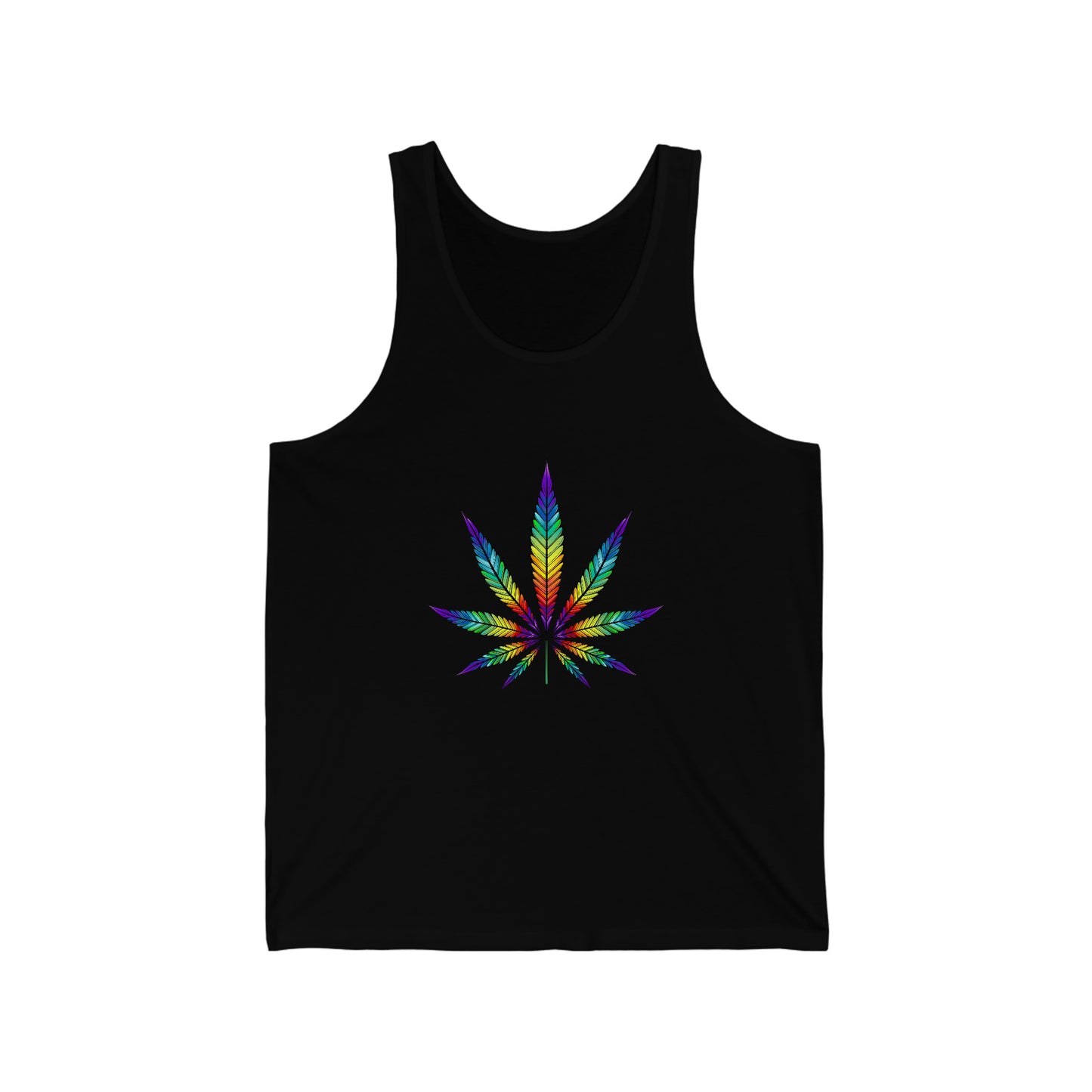 a black Rainbow Weed Leaf Jersey Tank with a rainbow marijuana leaf on it.