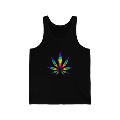 a black Rainbow Weed Leaf Unisex Jersey Tank