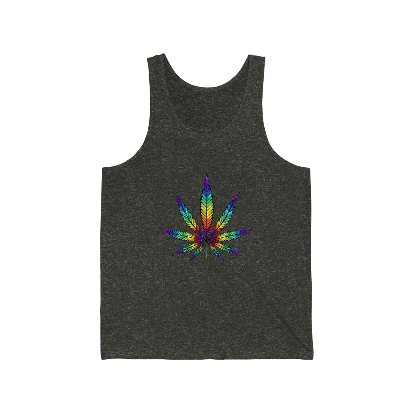 a charcoal black Rainbow Weed Leaf Jersey Tank.