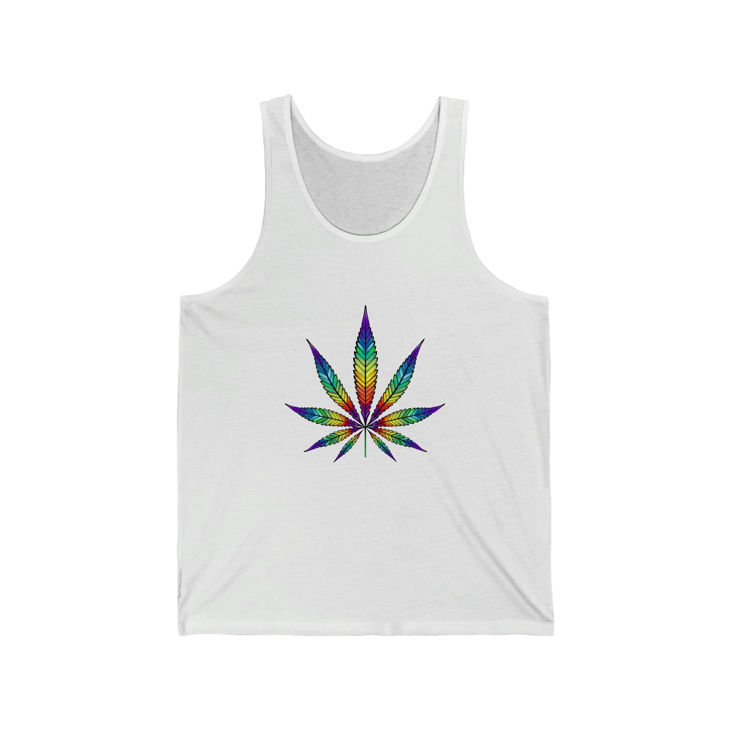 A white Rainbow Weed Leaf Jersey Tank with a rainbow marijuana leaf on it.