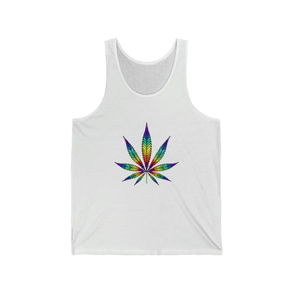 A white Rainbow Weed Leaf Unisex Jersey Tank