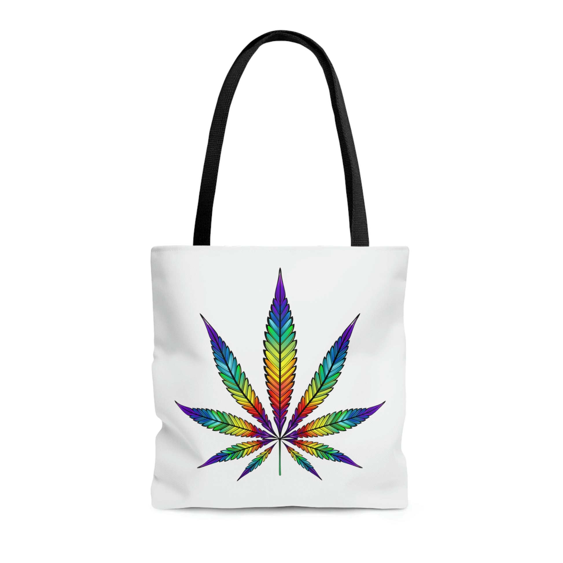 A smooth white Colorful Rainbow Cannabis Bag with black straps and a rainbow weed leaf design 