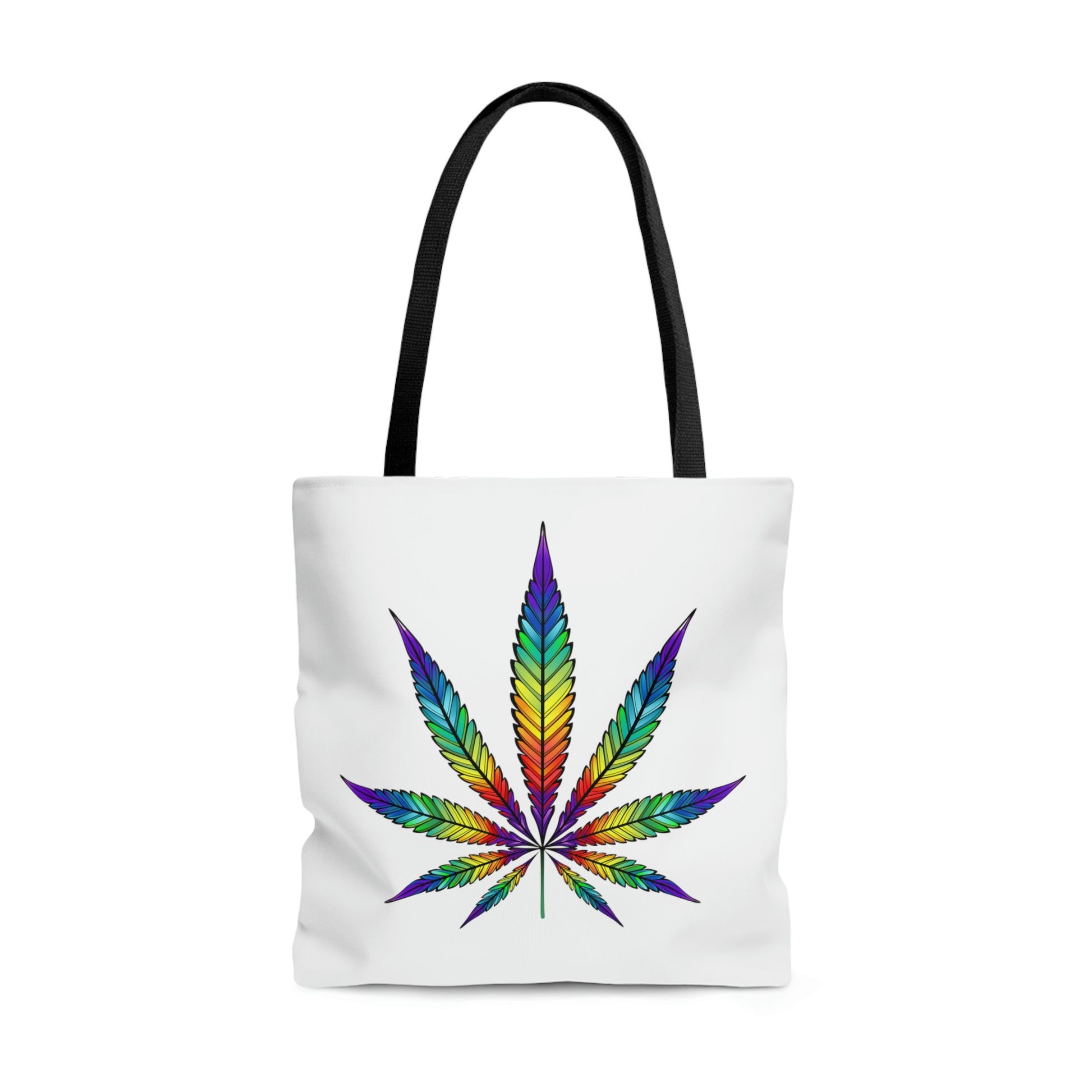 A nice white Colorful Rainbow Tote Bag with brilliant rainbow marijuana leaf graphic placed right in the center for an awesome view of the design